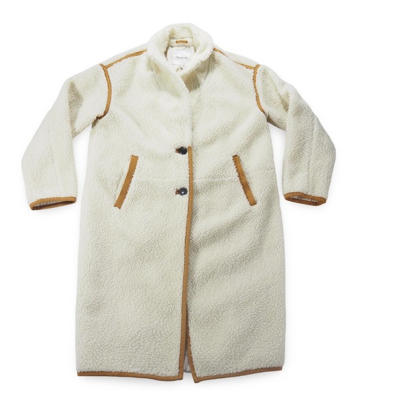 Madewell Jackets & Blazers - Madewell Sherpa Teddy Topcoat Women M Cream Tan Trim Button Front Long Jacket